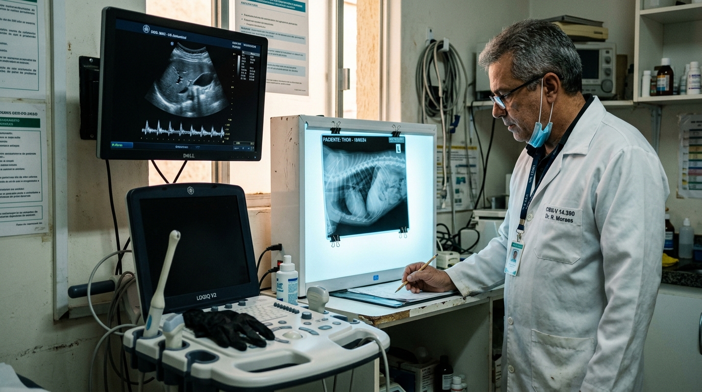 Veterinária realizando exame de ultrassom em um cão
